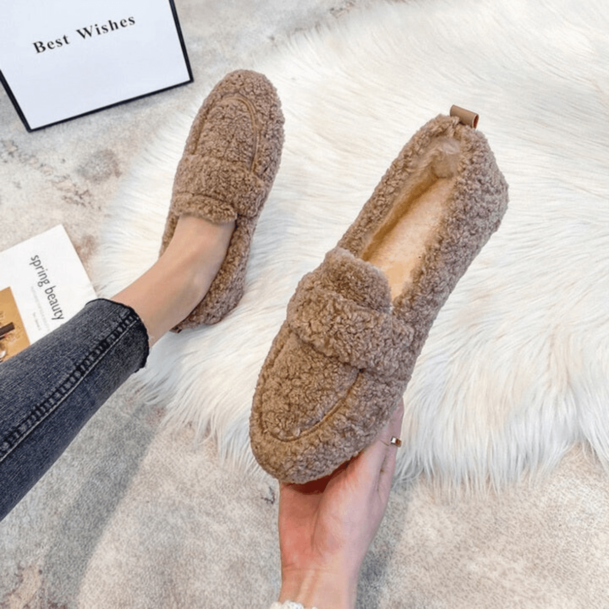 Warme Winter-Hausschuhe für Damen im Plüsch-Loafer-Design