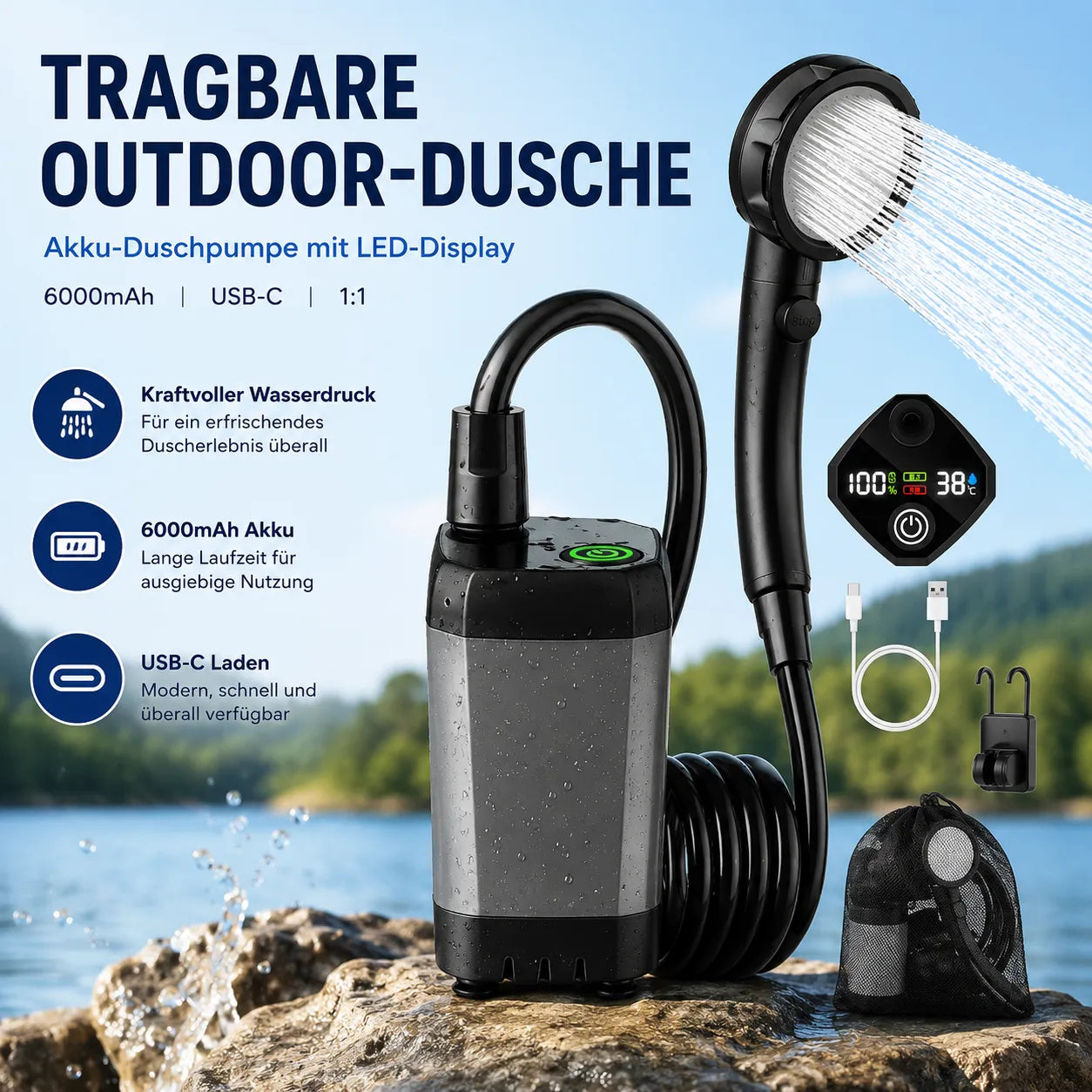 Tragbare Outdoor-Dusche mit Akku-Duschpumpe, LED-Display, 6000mAh und USB-C