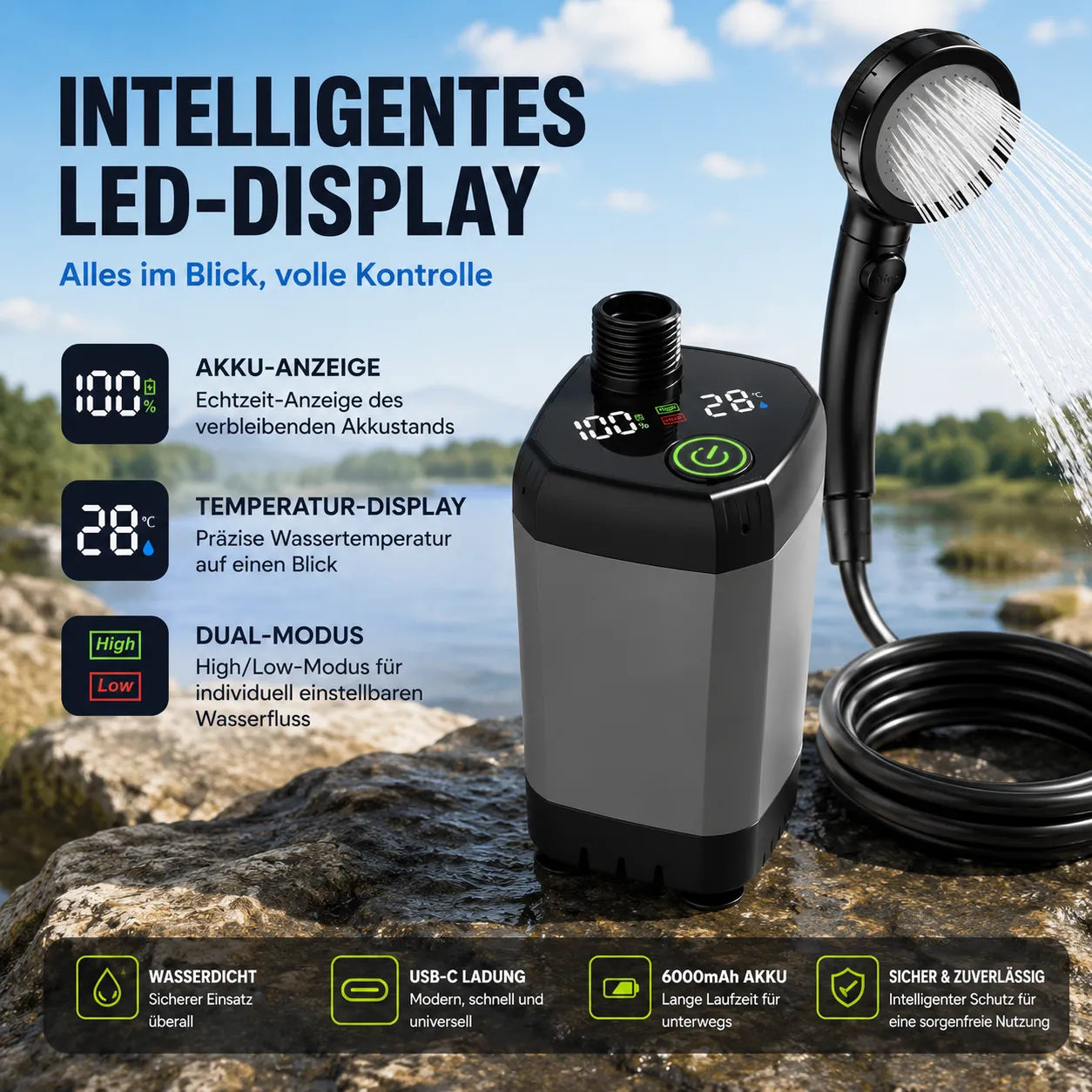 Tragbare Outdoor-Dusche mit Akku-Duschpumpe, LED-Display, 6000mAh und USB-C