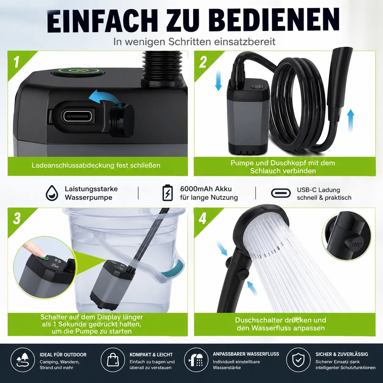 Tragbare Outdoor-Dusche mit Akku-Duschpumpe, LED-Display, 6000mAh und USB-C