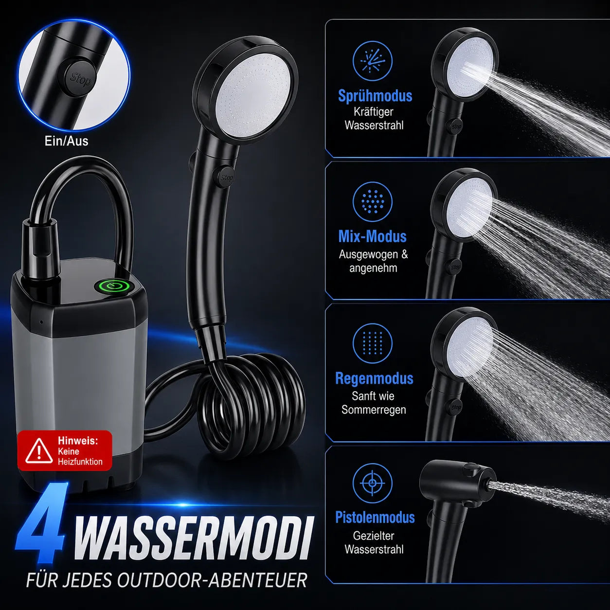 Tragbare Outdoor-Dusche mit Akku-Duschpumpe, LED-Display, 6000mAh und USB-C