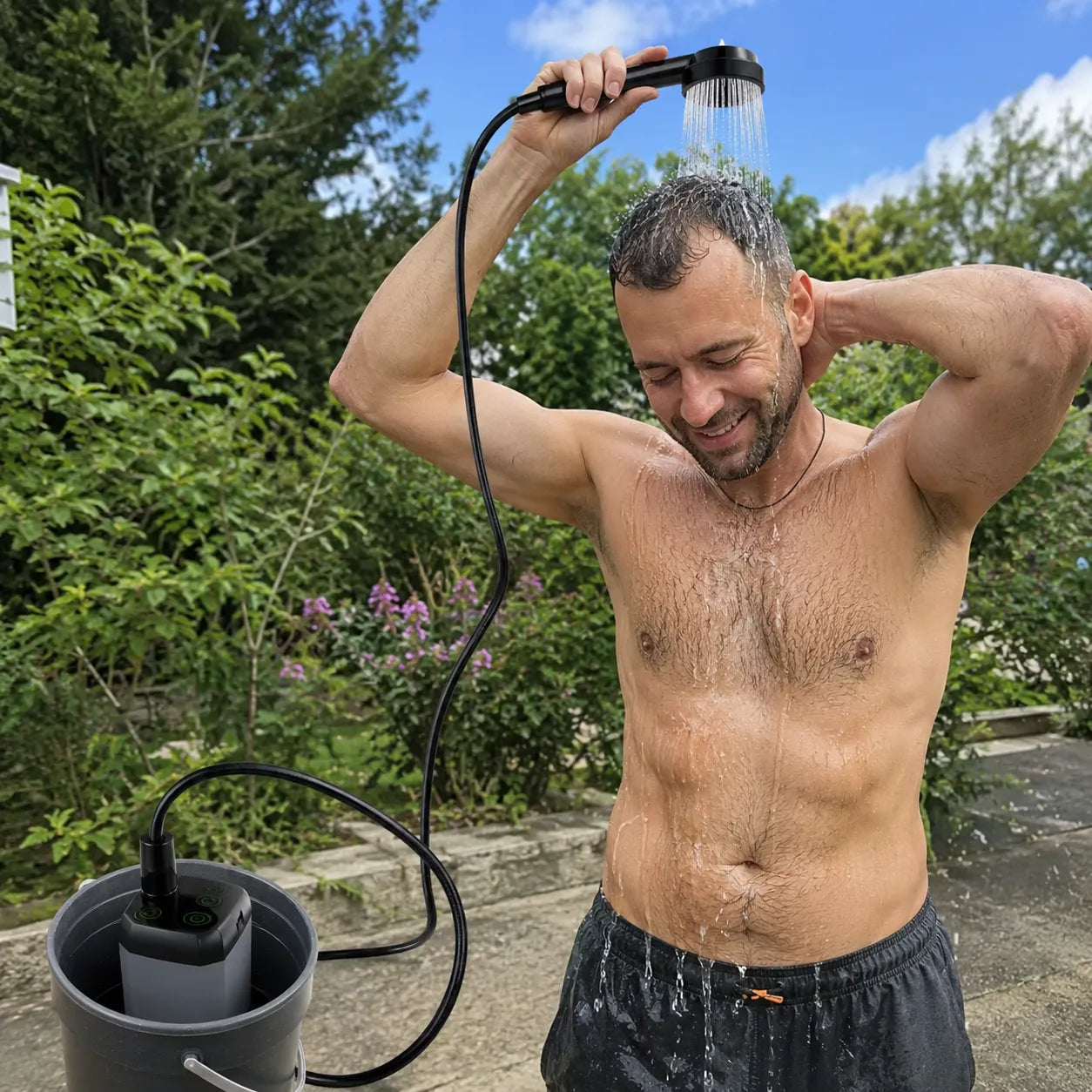 Tragbare Outdoor-Dusche mit Akku-Duschpumpe, LED-Display, 6000mAh und USB-C