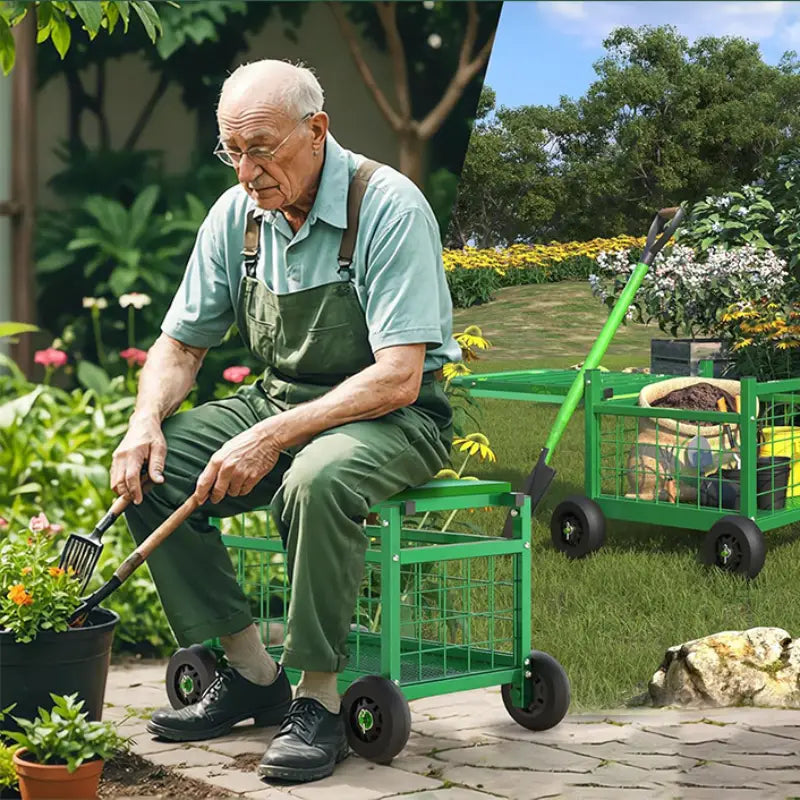 Gartenarbeitshocker mit Rädern – Multifunktional: Sitz, Transportwagen & Aufbewahrung in einem