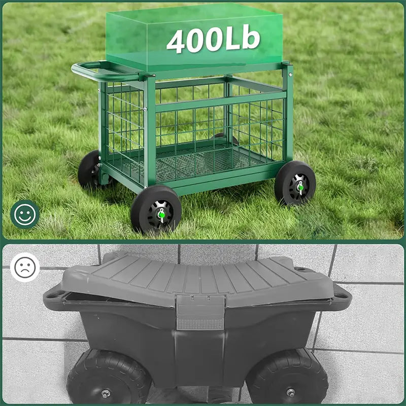 Gartenarbeitshocker mit Rädern – Multifunktional: Sitz, Transportwagen & Aufbewahrung in einem