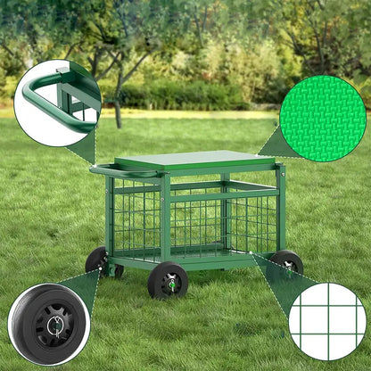 Gartenarbeitshocker mit Rädern – Multifunktional: Sitz, Transportwagen & Aufbewahrung in einem